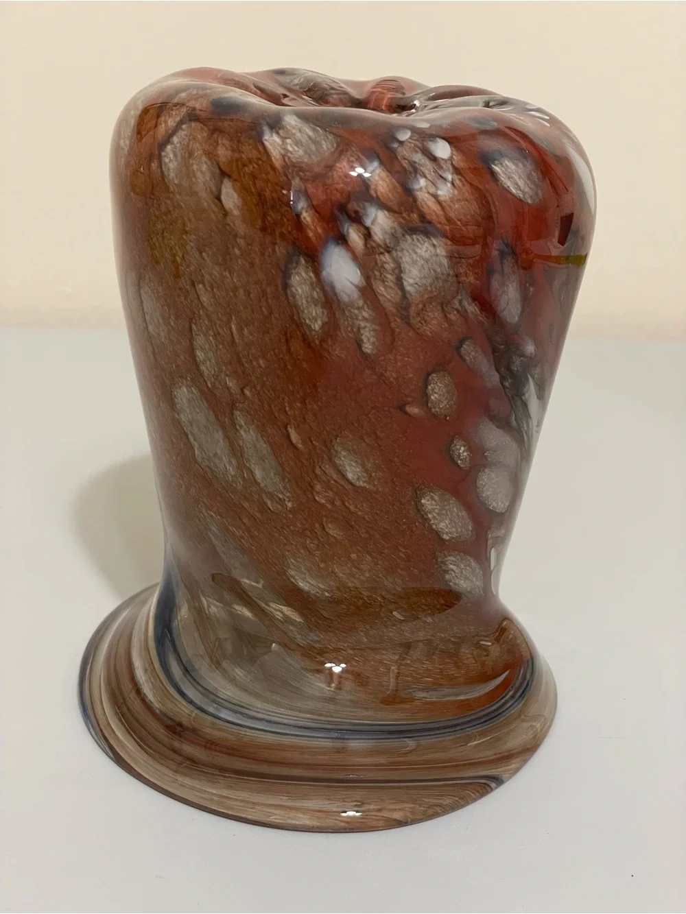 Vintage Mid Century Art Glass Vase - Hand Blown Blue & Amber Speckled Abstract